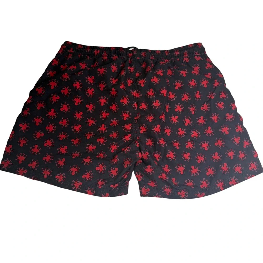 Johnny Cotton Mens XL‎ Octopus Print Swim Trunks Black Red Quick Dry Polyester